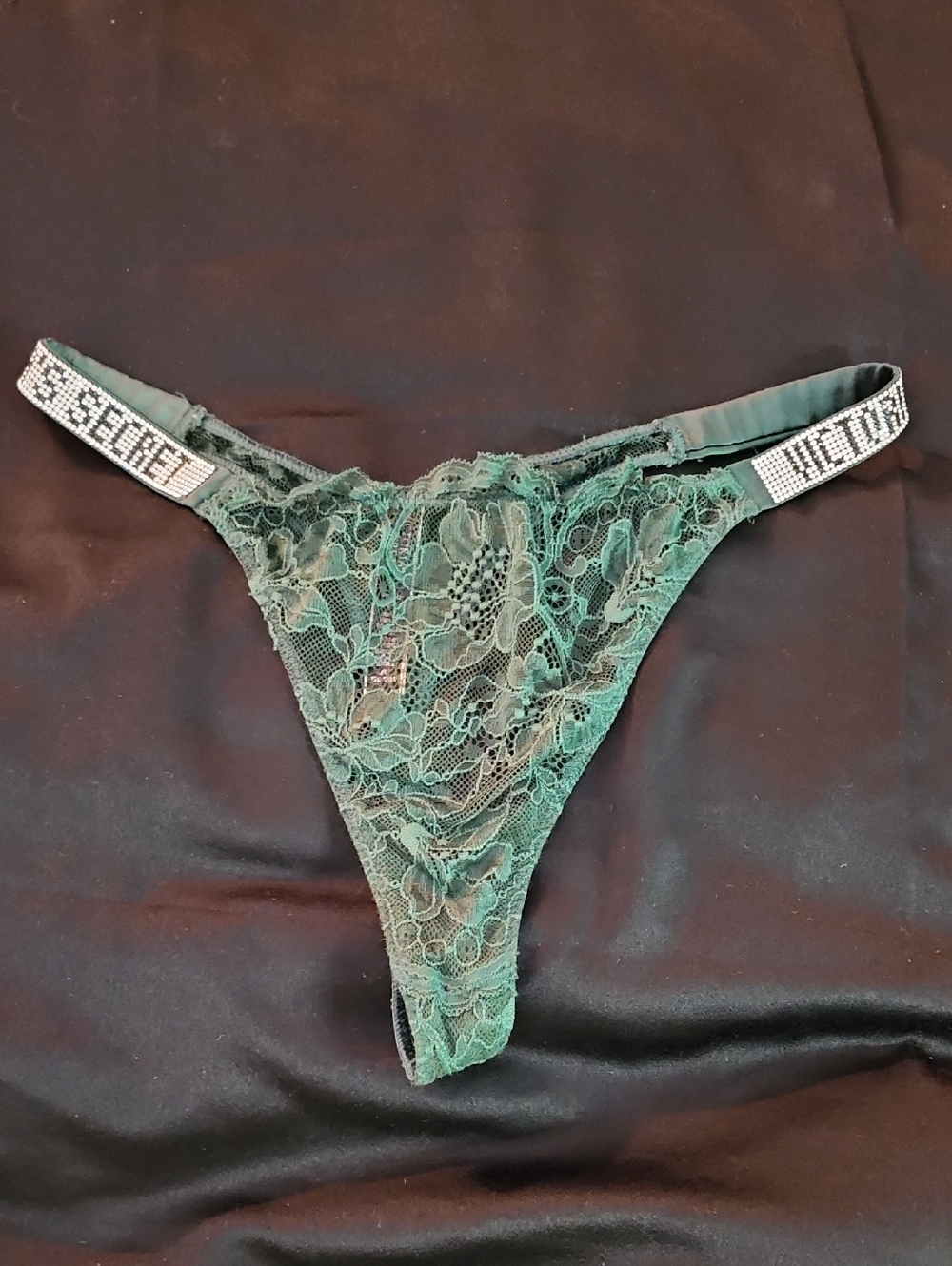 Victoria's Secret Teal Green Sheer Lace Thong Sz. L